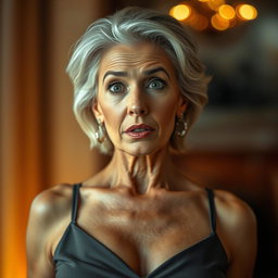 A gorgeous 60-year-old woman with a surprised look, facing the camera directly