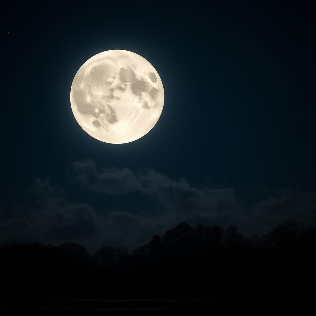 A breathtaking view of a full moon shining brightly in a clear night sky, with intricate details of its craters and surface texture visible