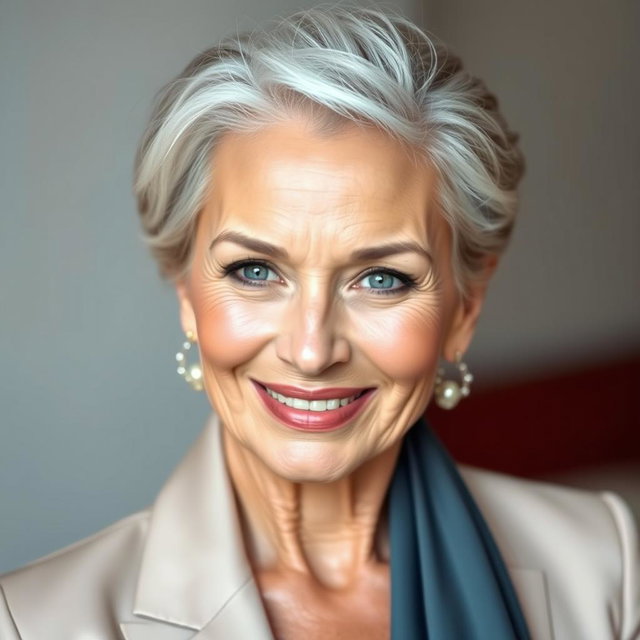 A stunning and sexy 60-year-old woman, showcasing her timeless beauty and smooth, wrinkle-free skin