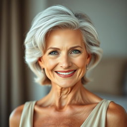 A stunning and sexy 60-year-old woman, showcasing her timeless beauty and smooth, wrinkle-free skin