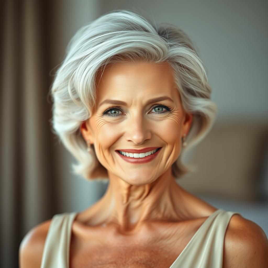 A stunning and sexy 60-year-old woman, showcasing her timeless beauty and smooth, wrinkle-free skin