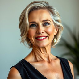 A stunning and sexy 60-year-old woman, showcasing her timeless beauty and smooth, wrinkle-free skin