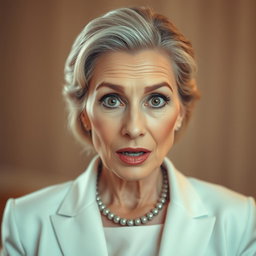 A stunning 60-year-old woman with an expression of surprise, directly facing the camera