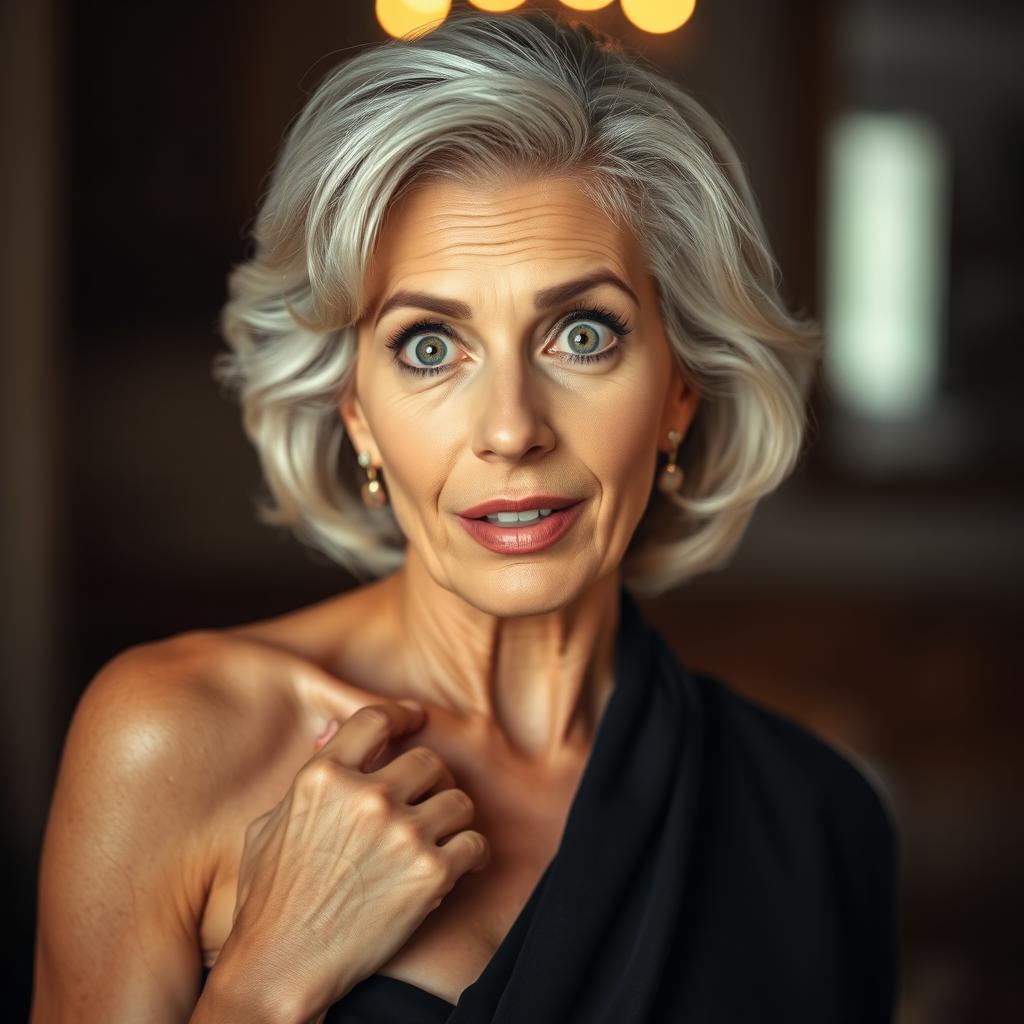 A stunning 60-year-old woman with an expression of surprise, directly facing the camera