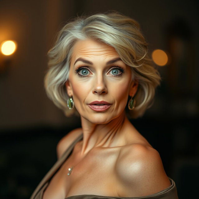 A stunning 60-year-old woman with an expression of surprise, directly facing the camera
