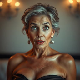 A stunning 60-year-old woman with an expression of surprise, directly facing the camera