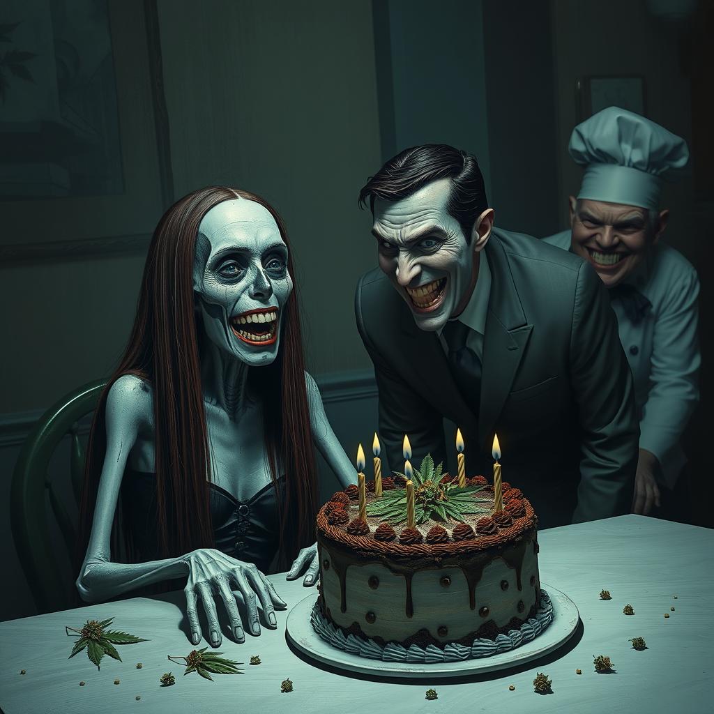 A surreal scene depicting a corpse-dressed woman with long, straight, dark brown hair, sitting at a table where a marijuana birthday cake is placed