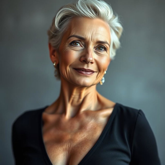 A breathtaking and sexy 60-year-old woman, showcasing her youthful allure with smooth, wrinkle-free skin