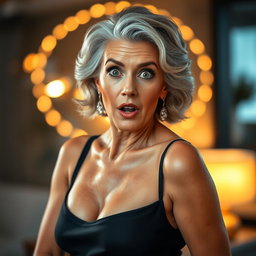 A stunning 60-year-old woman with an expressive surprised face, looking directly at the camera