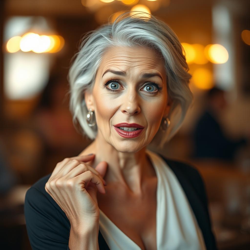 A stunning 60-year-old woman with an expressive surprised face, looking directly at the camera
