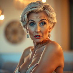 A stunning 60-year-old woman with an expressive surprised face, looking directly at the camera