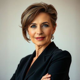 An alluring and beautiful 60-year-old woman, with a smooth, wrinkle-free complexion