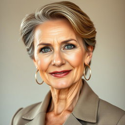 An alluring and beautiful 60-year-old woman, with a smooth, wrinkle-free complexion