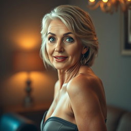 A beautiful 60-year-old woman with a surprised expression, looking directly at the camera