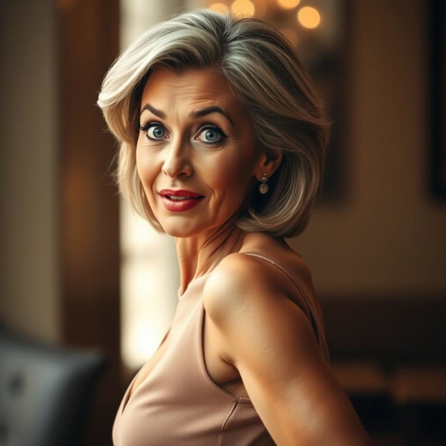 A beautiful 60-year-old woman with a surprised expression, looking directly at the camera