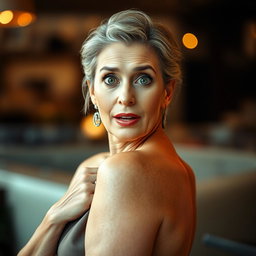 A beautiful 60-year-old woman with a surprised expression, facing directly towards the camera