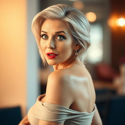 A beautiful 60-year-old woman with a surprised expression, facing directly towards the camera