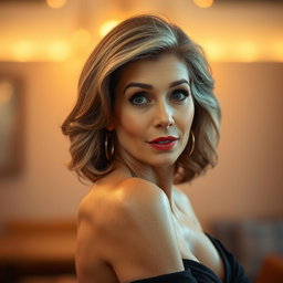 A beautiful 60-year-old woman with a surprised expression, facing directly towards the camera