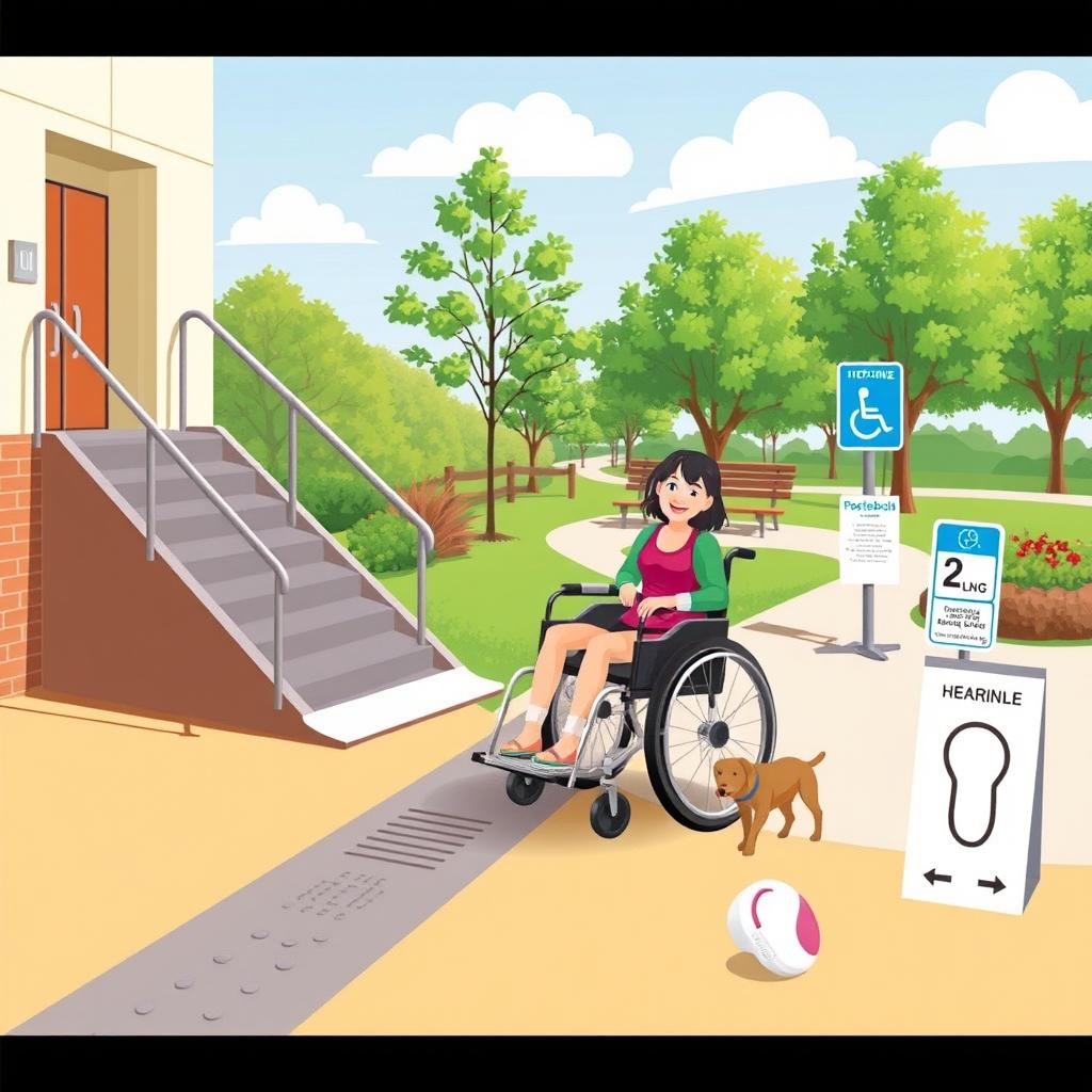 A visually engaging scene representing accessibility for people with disabilities, featuring diverse elements such as a wheelchair ramp leading up to a building, tactile paving on the ground, accessible restrooms sign, a person using a wheelchair smiling as they navigate through a park, a guide dog, braille signage, and a hearing aid poster