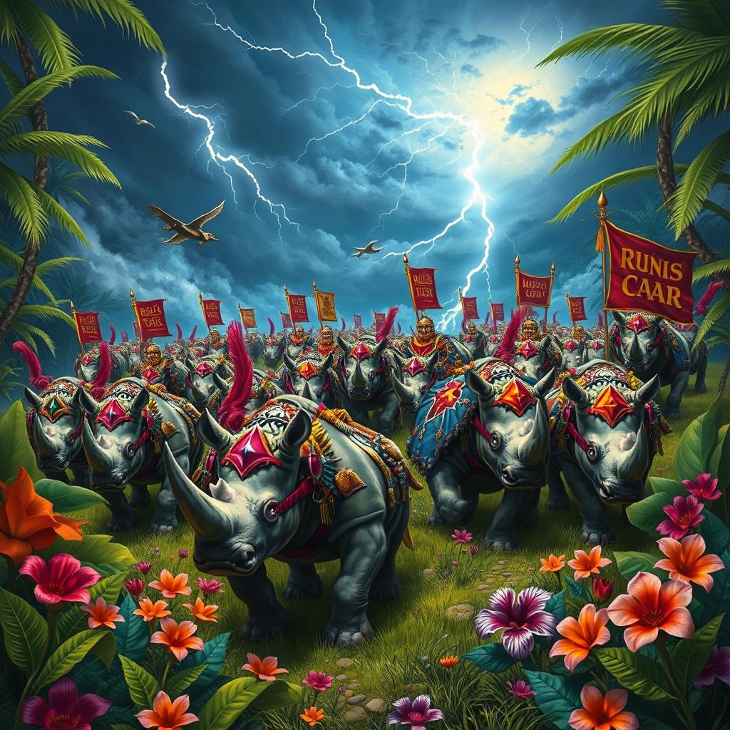 A vibrant and dynamic scene depicting an army of rhinoceroses in a fantastical setting