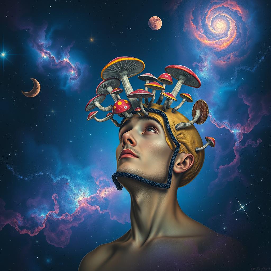 A lost man drifting in space, surrounded by a beautiful cosmic backdrop