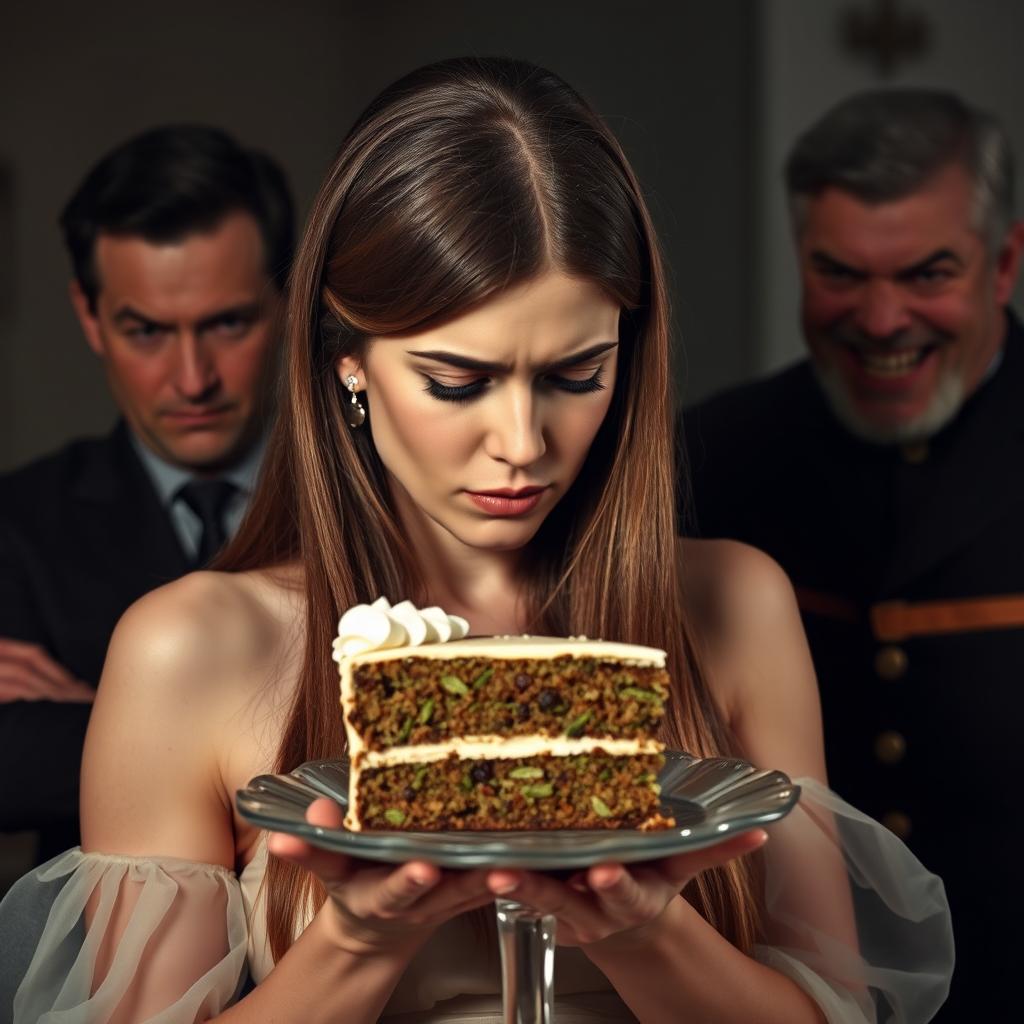 A woman with long, straight brown hair, embodying a sad expression as she gazes regretfully at a slice of marijuana cake