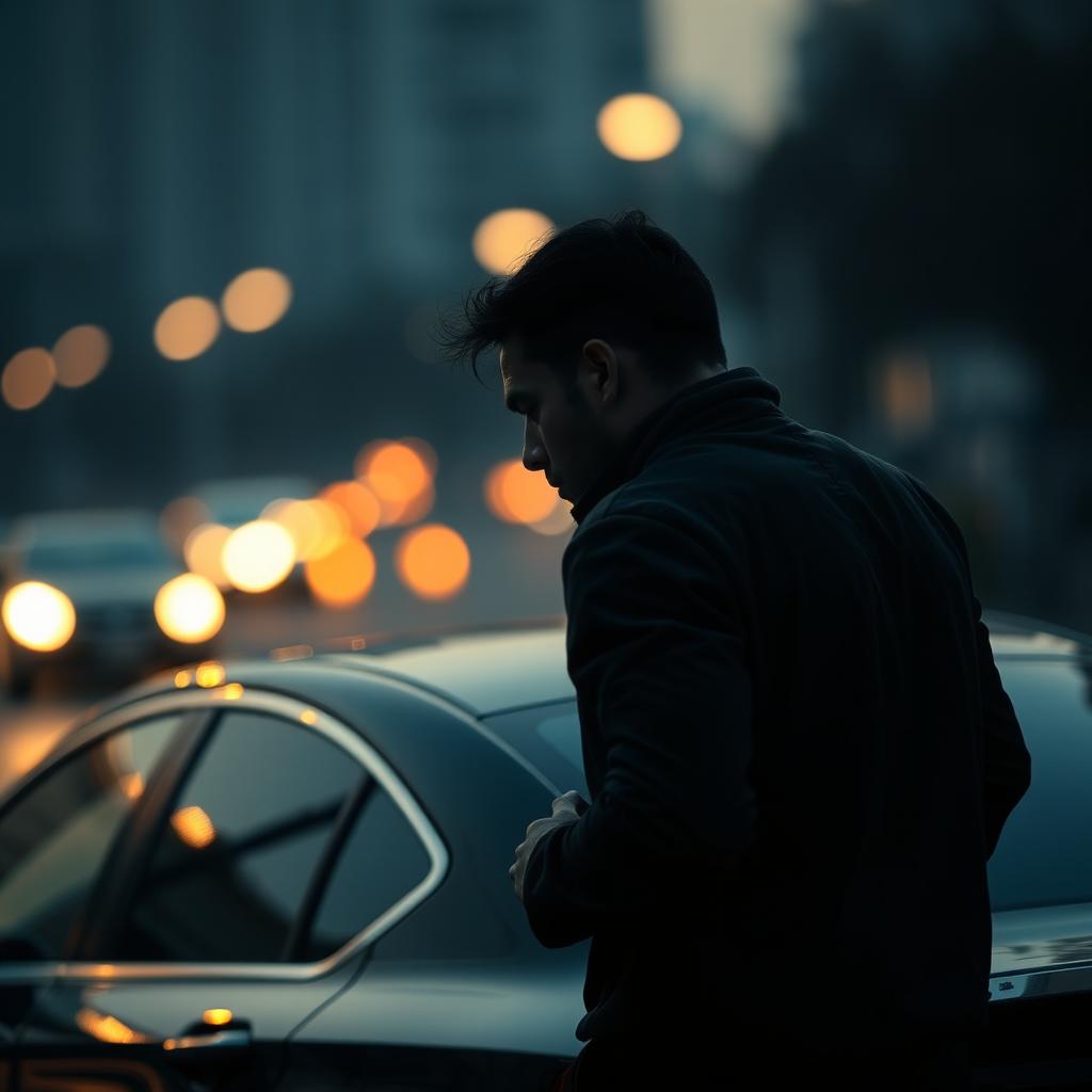 A man leaning against a parked car with a sorrowful expression