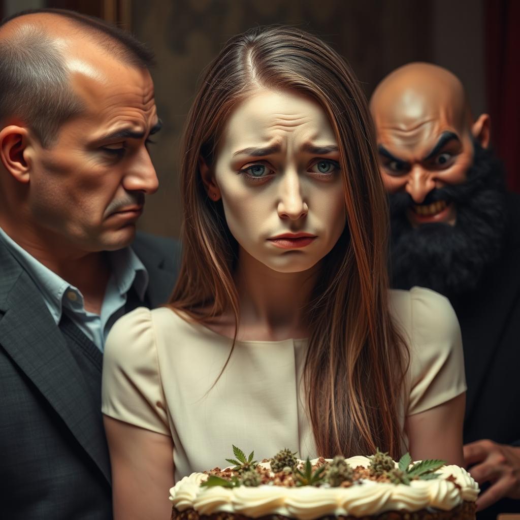 A woman with long, straight brown hair and a sad expression on her face, showing regret after eating a marijuana cake