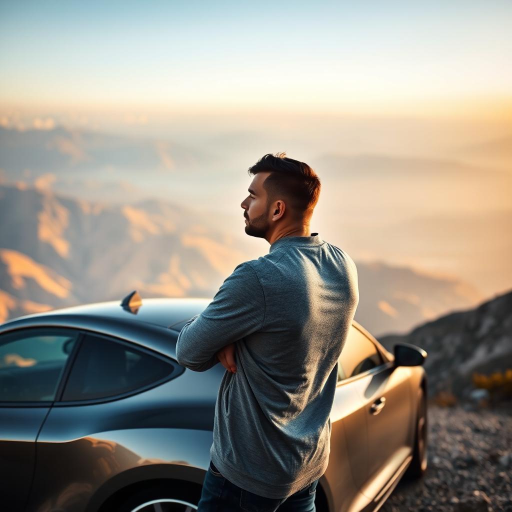 A man leaning against a parked car at a high mountain overlook, his back facing the camera