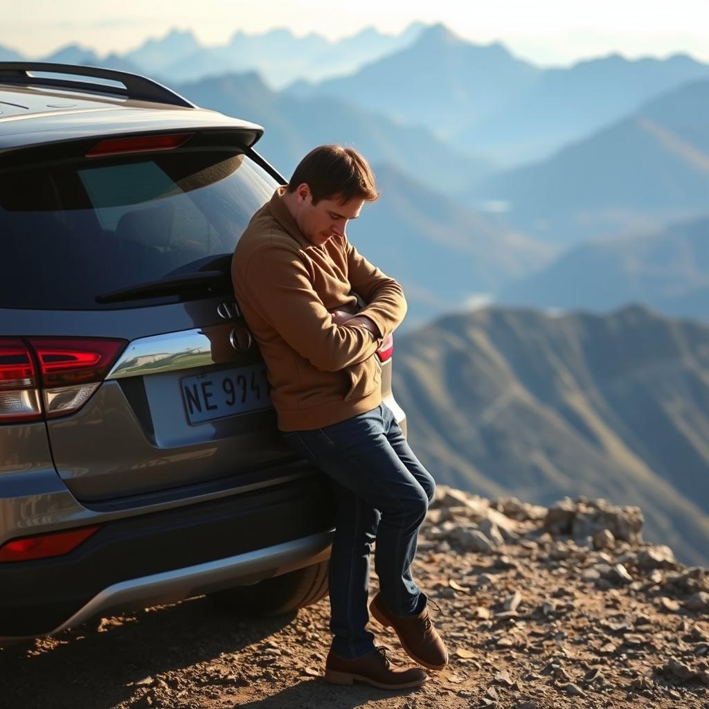 A man leaning against the back of a parked car at a high mountain location, his back facing the camera