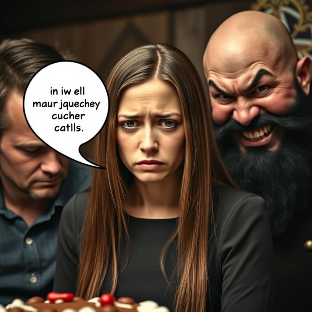 A woman with long, straight brown hair and a sad expression, expressing regret over eating marijuana cake, giving her a slightly corpse-like appearance