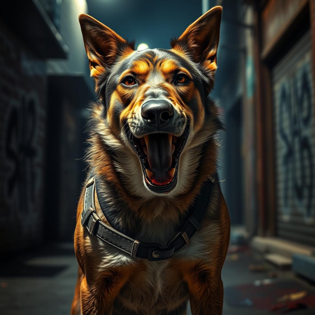 A heroic street dog with a fierce expression, standing tall and proud with blood on its mouth, symbolizing its prowess as a vigilante