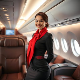 A glamorous stewardess wearing a chic hot stewardess outfit paired with a striking red scarf, confidently posing inside a modern airplane cabin