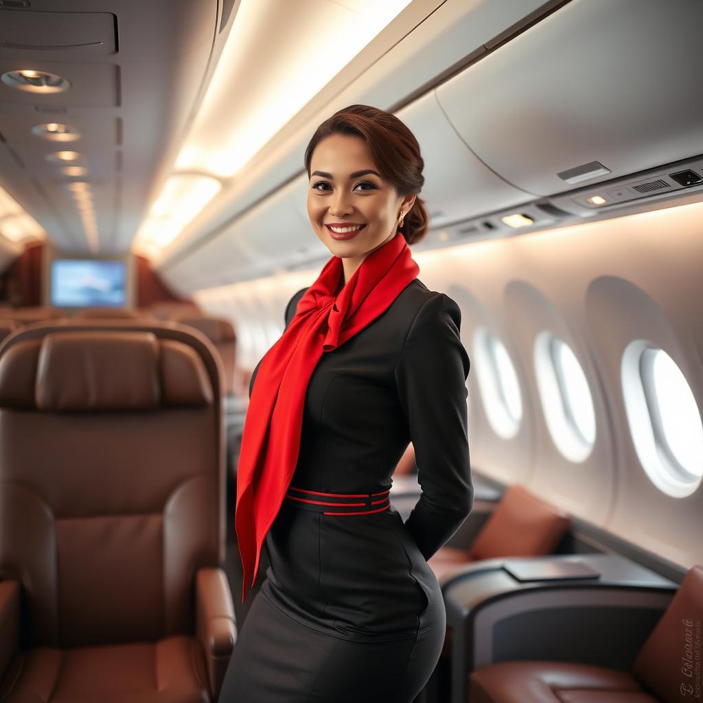 A glamorous stewardess wearing a chic hot stewardess outfit paired with a striking red scarf, confidently posing inside a modern airplane cabin
