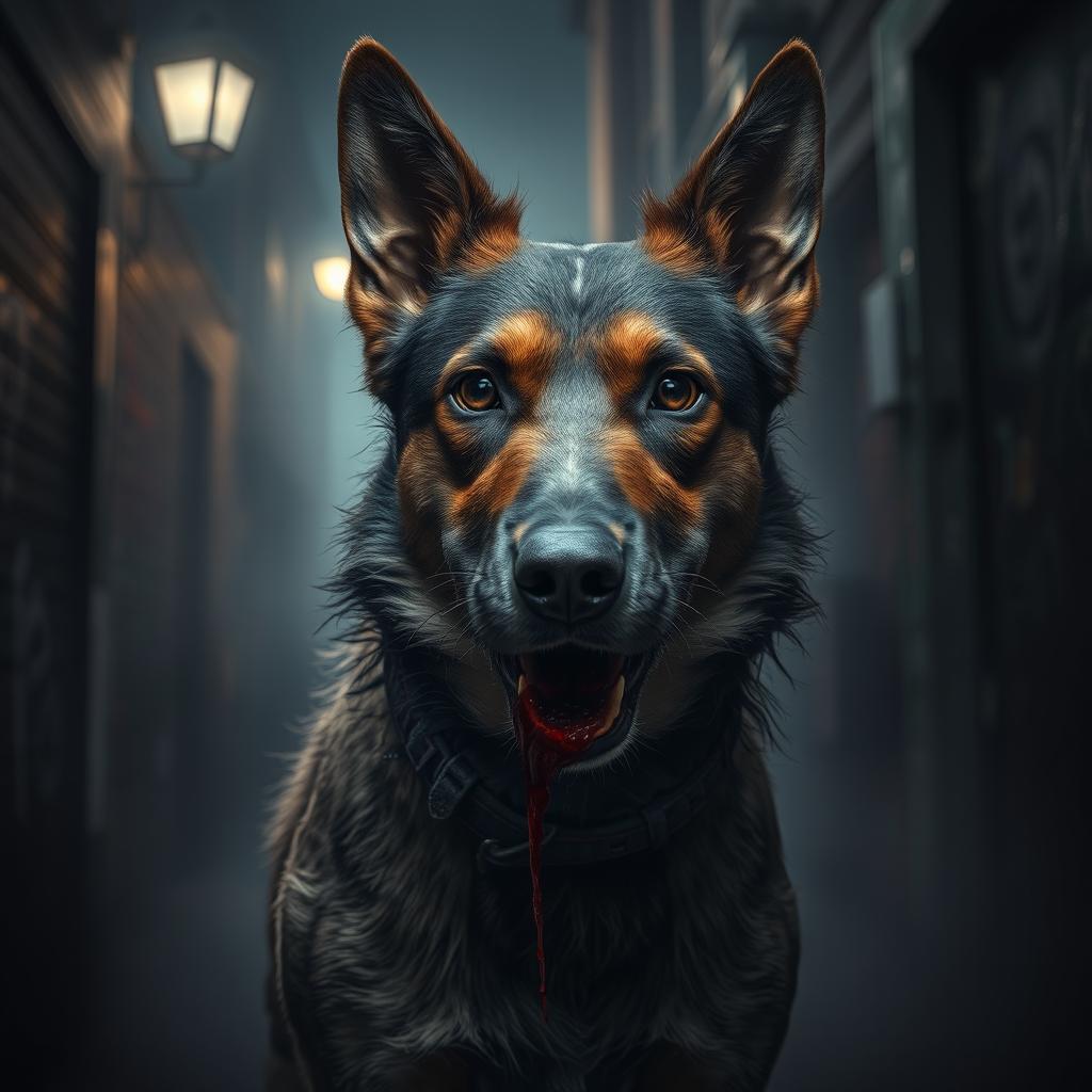 A realistic and dark vertical image of a street dog with blood on its mouth, showcasing a proud and fierce expression of a vigilante