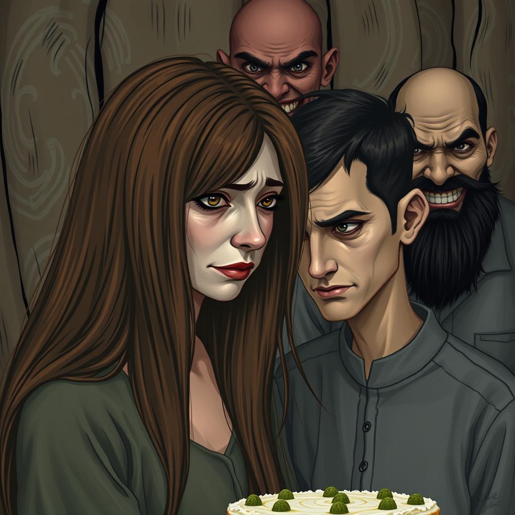 A scene depicting a woman with long, straight brown hair and a sad expression, reflecting regret after consuming marijuana cake