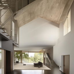 A very large living room featuring a stairway and a TV, inspired by the architecture details given in the provided link.