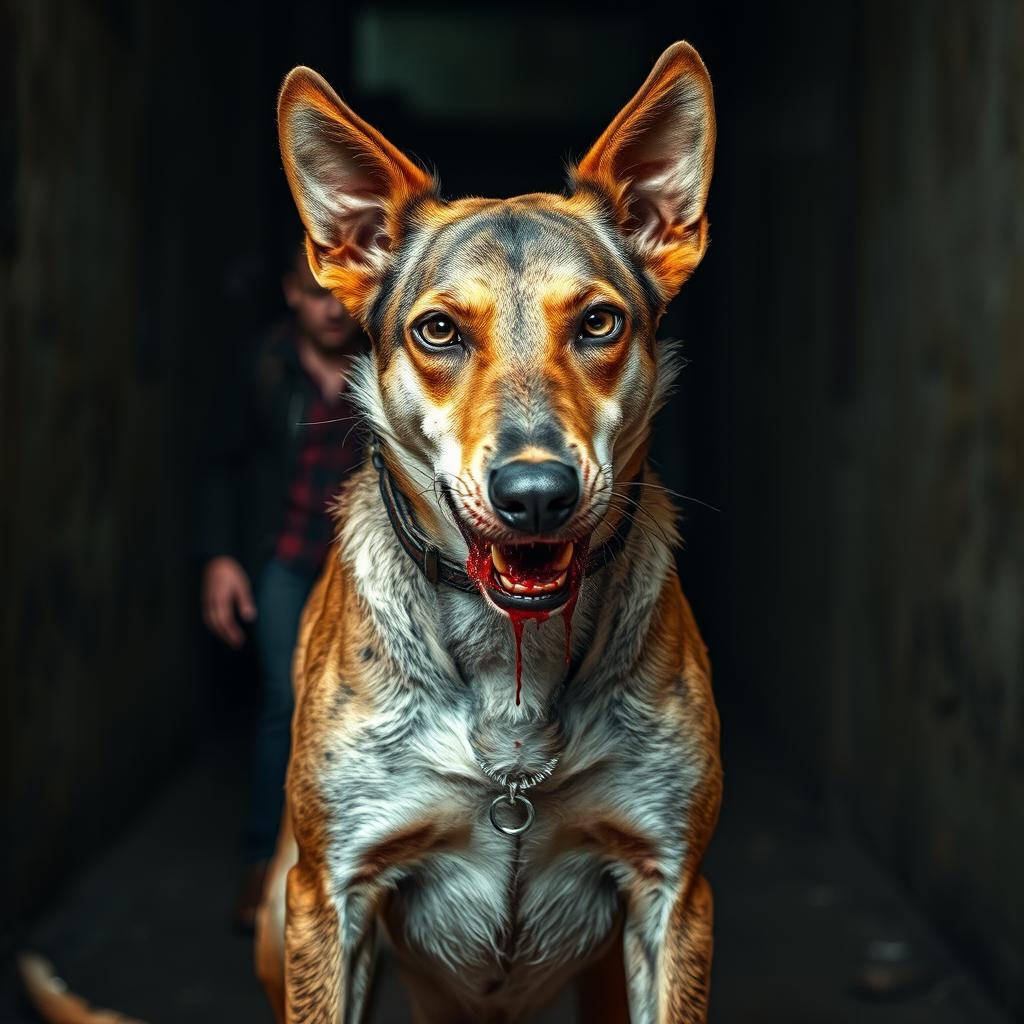 A street dog, embodying a vigilante spirit, stands proudly in a vertical format