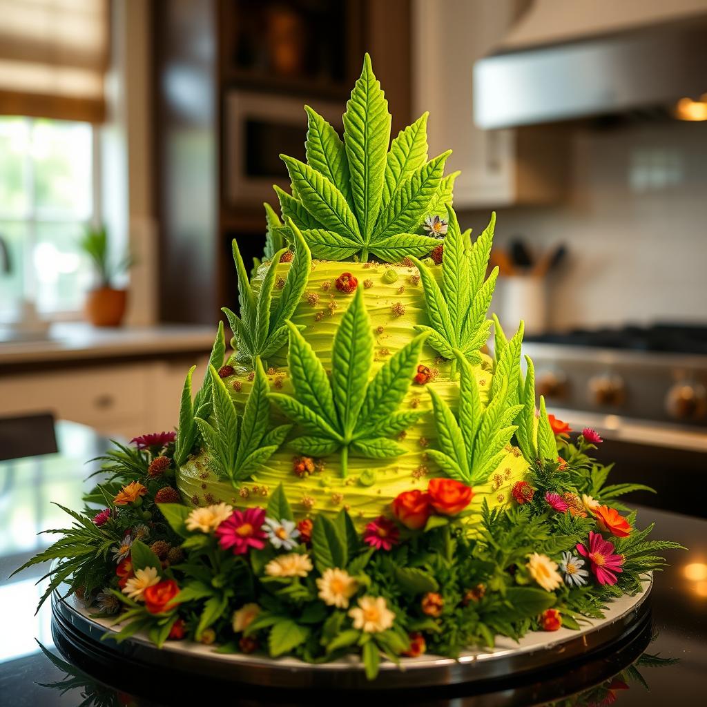 A beautifully decorated marijuana cake loaded with vibrant green frosting shaped like cannabis leaves