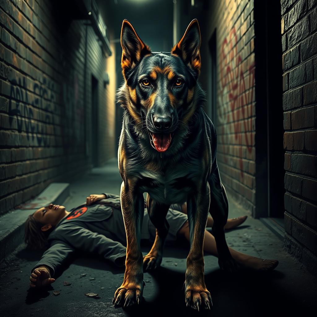 A street dog, depicted as a fierce, heroic vigilante with blood on its mouth, proudly standing tall and confident