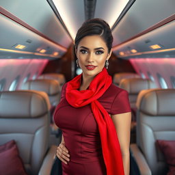 A stunning stewardess wearing a fashionable hot stewardess outfit, complete with a vibrant red scarf, confidently posing in the interior of a modern airplane
