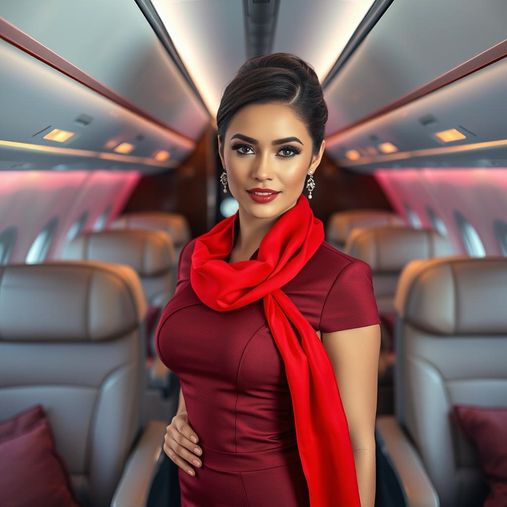 A stunning stewardess wearing a fashionable hot stewardess outfit, complete with a vibrant red scarf, confidently posing in the interior of a modern airplane