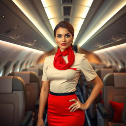 A stunning stewardess wearing a fashionable hot stewardess outfit, complete with a vibrant red scarf, confidently posing in the interior of a modern airplane