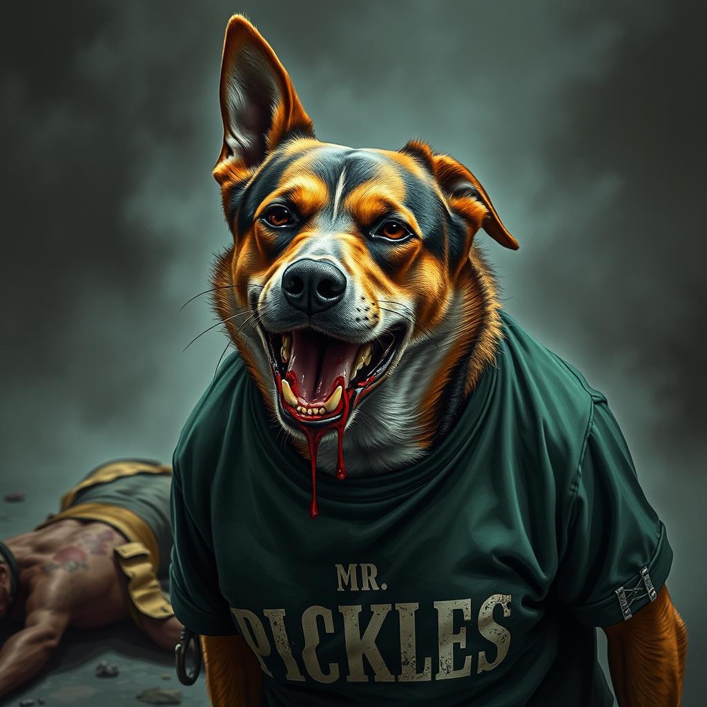A realistic and dark depiction of a street dog, embodying a vigilante spirit, with blood on its mouth demonstrating pride in its work