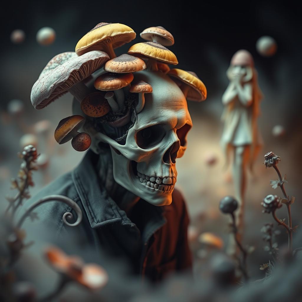 A surreal image depicting a deceased man wandering through a dreamlike landscape, caught in a moment of contemplation or judgment