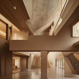 A very large living room featuring a stairway and a TV, inspired by the architecture details given in the provided link.