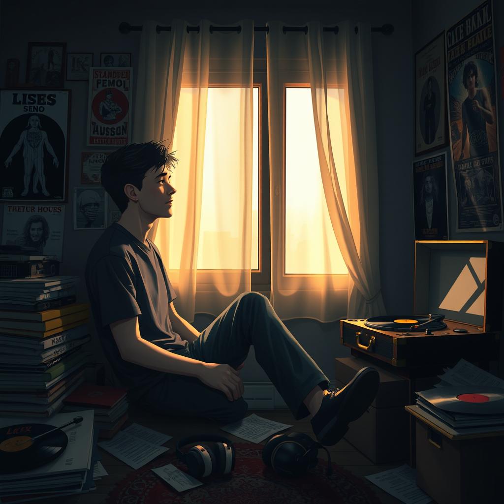 A serene and introspective scene depicting a young man named Leo sitting in a cozy, dimly lit room filled with music paraphernalia like vinyl records and posters of his favorite bands