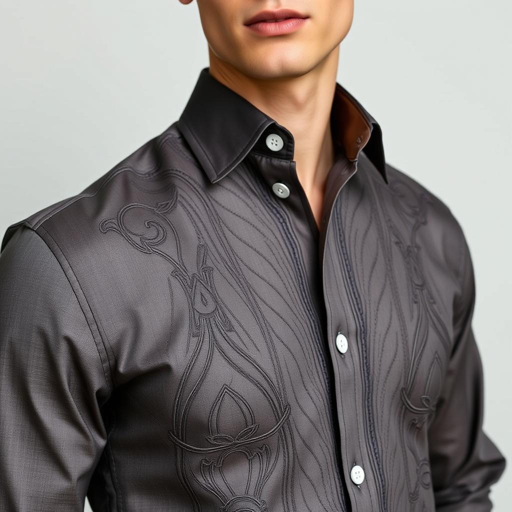 A close-up of a stylish shirt, showcasing intricate fabric details and an elegant design