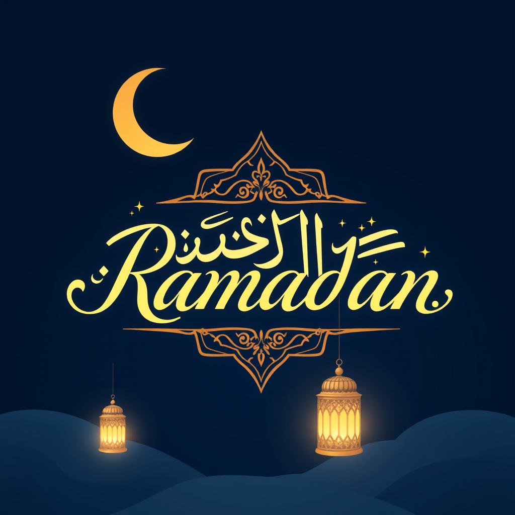 A beautifully designed typography piece featuring the word 'Ramadan' in elegant Arabic calligraphy, surrounded by intricate geometric patterns and golden crescent moons