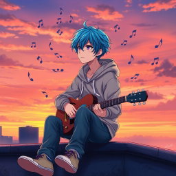 An anime character with vibrant blue hair, sitting on a rooftop at sunset, surrounded by music notes swirling in the air